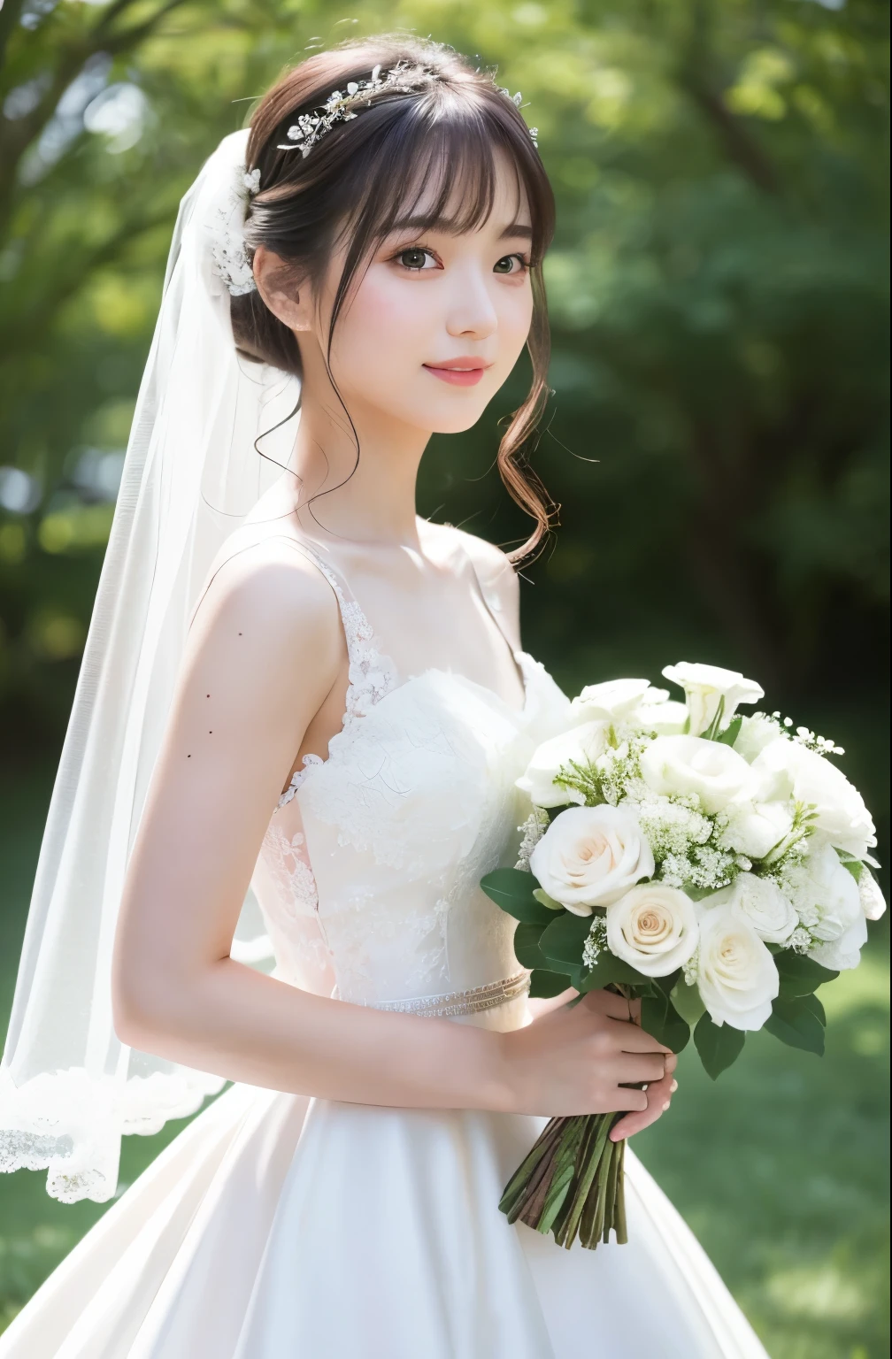 21 years old, beautiful woman, natural light, wedding dress, upper body, front view, bride, (top quality, 8K, masterpiece), white flowers, delicate lace, bouquet, with bangs, shy smile, (embarrassed), looking at camera, light makeup, thin eyebrows, natural makeup, (light makeup), thin eyebrows, ultra high definition, glossy skin, (light on cheeks), closed lips, (pale pink), petals dancing