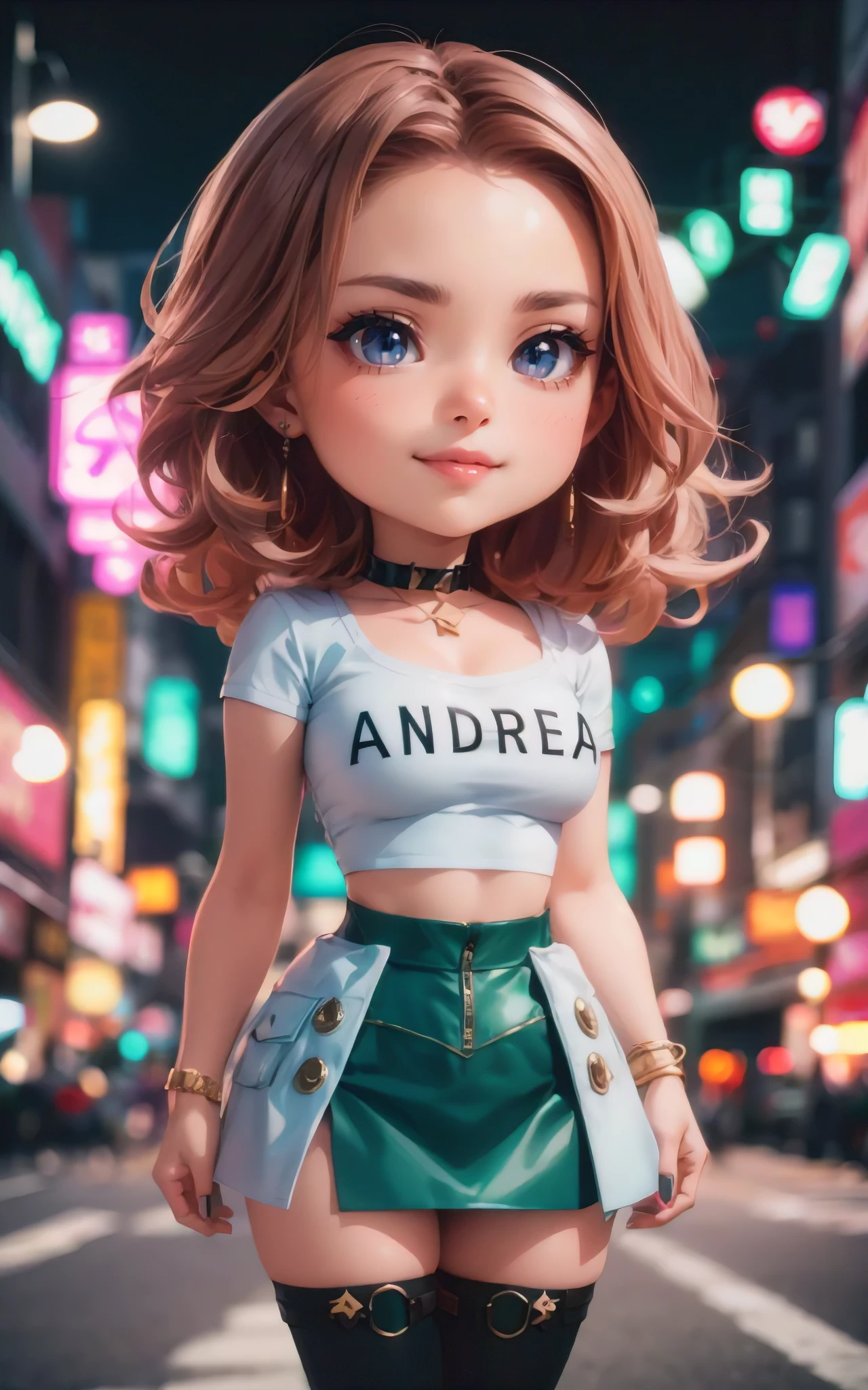 An exquisite Chibi-style AI-generated artwork featuring a beautiful woman wearing a stylish miniskirt and a fashionable top. The text "Andrea" is elegantly placed above her head, perfectly complementing her modern, fashionable ensemble. Her smile is radiant and playful, and the overall aesthetic is both realistic and cinematic. The conceptual art is rendered in 3D, showcasing a seamless blend of fashion, typography, and a touch of whimsy., typography, 3d render, cinematic, fashion, conceptual art