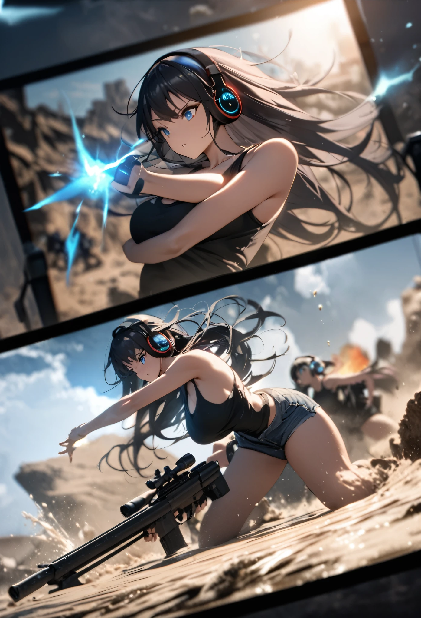 最high quality, Best image quality, masterpiece, With a girl ((Black tank top, Short denim shorts, 18-year-old, teenager, cute, Best Bust, Large Breasts, Beautiful glowing blue eyes, Wide Chest, Pink semi-long hair, Slender body, Large Breastsの谷間, With sniper rifle, Headphones, glowing back jet, Combat pose, photograph, splash, ), high quality, Beautiful art, background ((Space Battlefield)) ), depth (Earth), Tabletop, depth of field, Cinematic