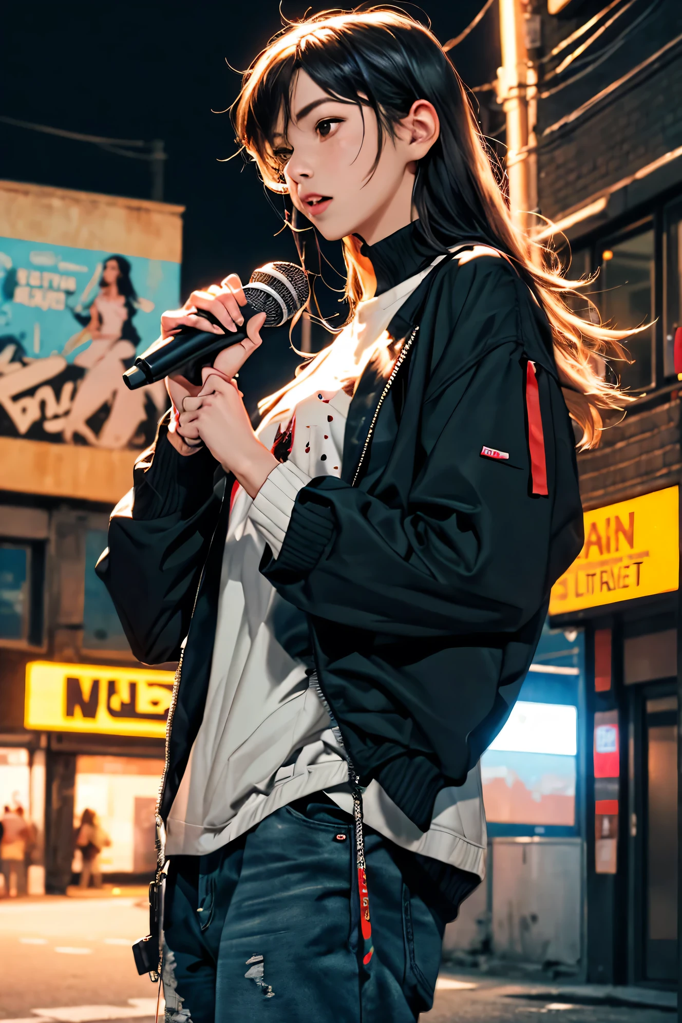 (highres:1.2),ultra-detailed,realistic,sharp focus,colorful,graffiti-covered walls,girl rapper street performer,vibrant clothing,Hip Hop singer,singing passionately,energetic performance,street art backdrop,urban atmosphere,bustling street scene,hustle and bustle,expressive facial expressions,dynamic pose,funky accessories,microphone in hand,confident stage presence,attention-grabbing fashion style,unique street style,city nightlife,neon lights illuminating,street fashion culture,youthful energy,cheering crowd,positive vibes,hip-hop culture,urban music scene,music and art fusion,stylish sneakers,urban graffiti culture,paint-splattered streets,urban talent showcase,vivid colors,eye-catching visuals,high-energy performance,electric atmosphere,musical expression,urban lifestyle