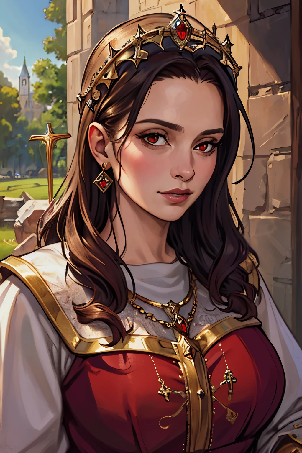 (masterpiece:1.1),(best quality:1.1),extremely detailed,(original design:1.1),(unique accessories:1.1),(medieval fantasy:1.1),professionally retouched,(close-up:1.1),portrait,midday,(female:1.1) noble,(holy:1.2),(divine:1.2),(old:1.3), black and red