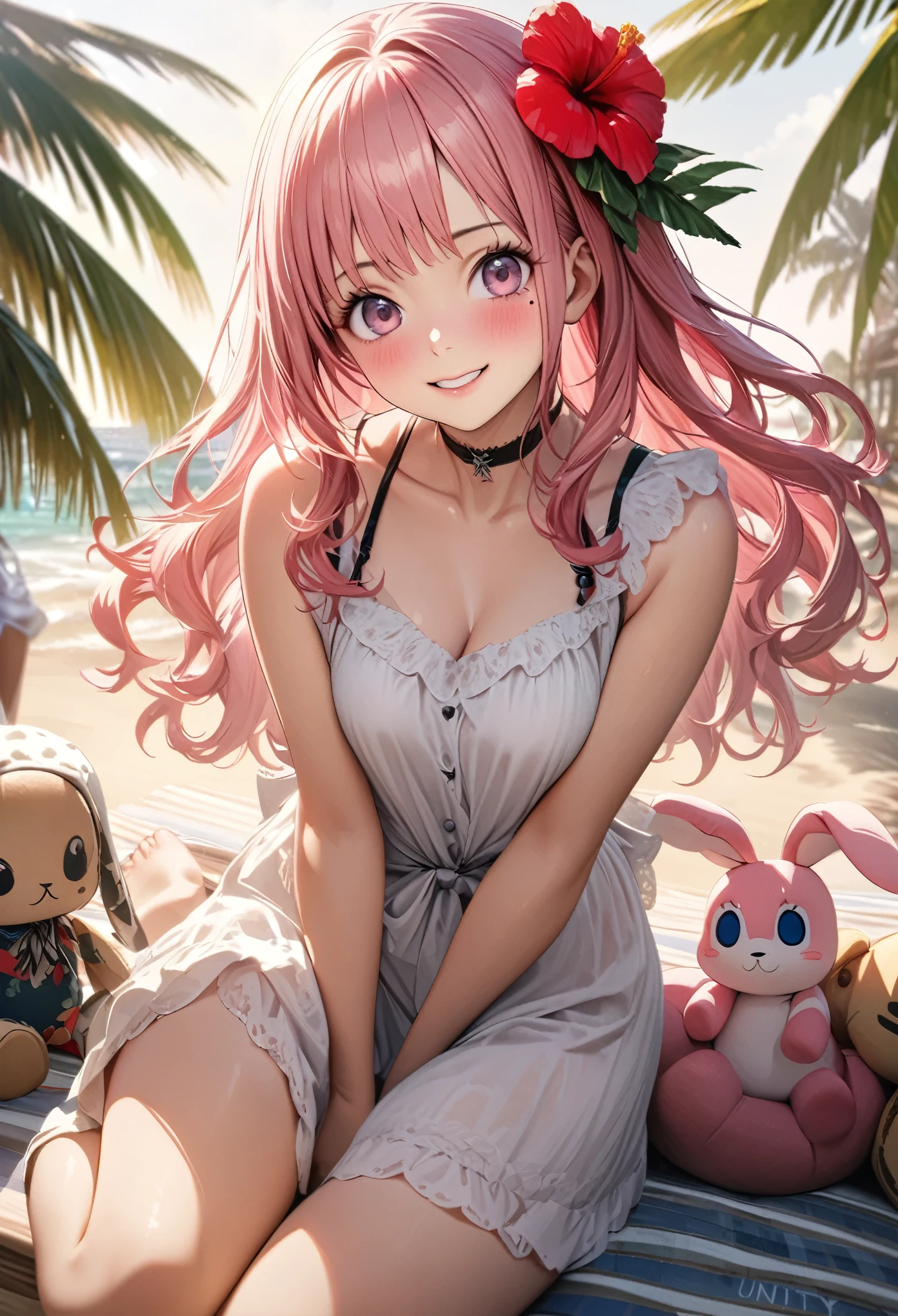 masterpiece, highest quality, Very detailed, High resolution, High resolution, High resolution, 4K, 8k, unity 8k wallpaper, Very detailed CG, masterpiece, Realistic, Beautiful details, depth, Fine texture, highest quality: 1.3, Total concentration, Perfect Skin, boyfriend, Very cute anime, Cute like an idol, 背のexpensiveピンクのセミロングヘア, One Girl, Aloha One Piece, Cute stuffed rabbit, Sea turtle stuffed toy, Palm tree, greeting, Hibiscus hair accessory, smile, afternoon, Coffee Time,Long pink hair, whole body, Mole under the eye, sight, expensive, blush, Lips parted, His Art, Pink Eyes, choker