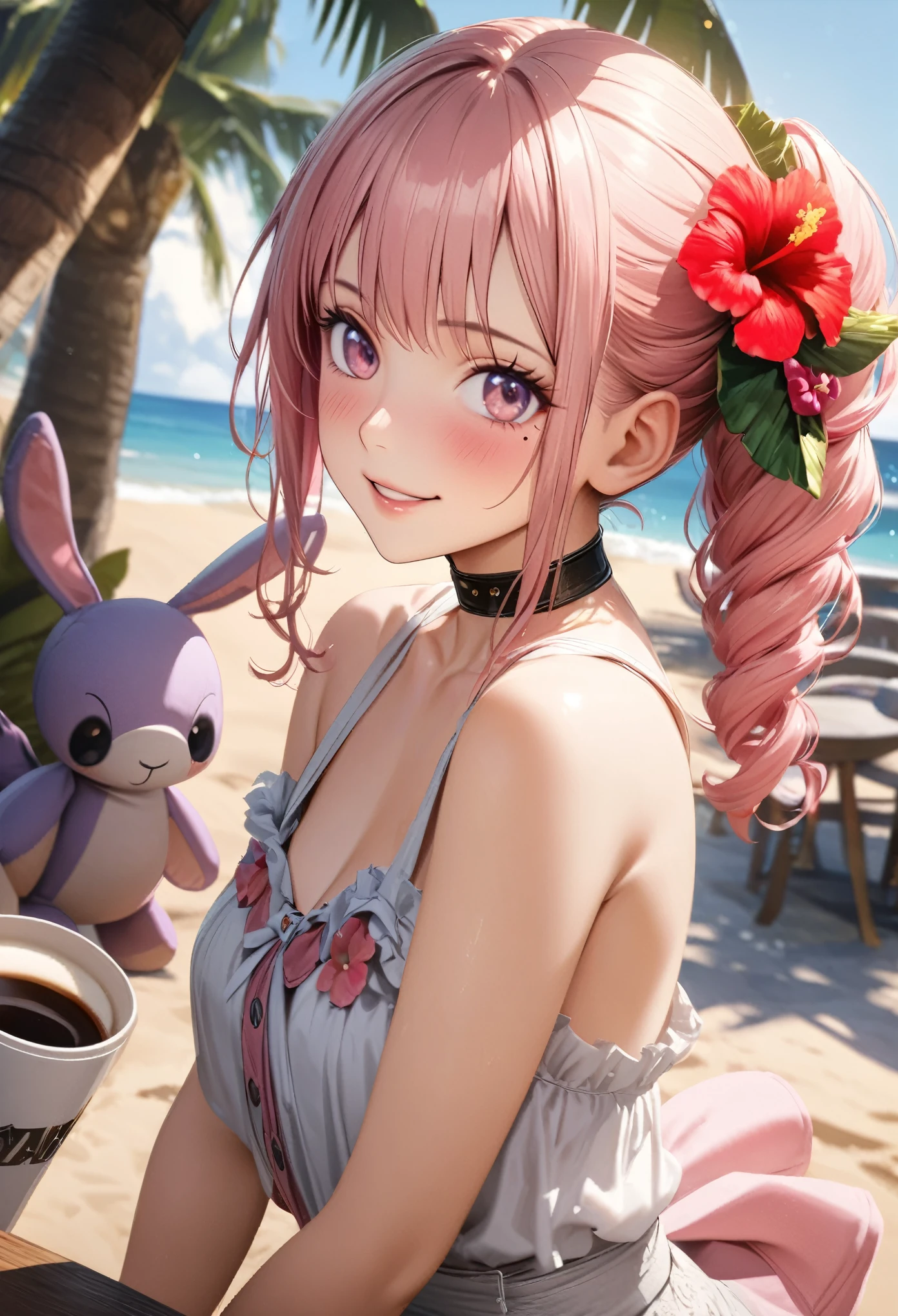 masterpiece, highest quality, Very detailed, High resolution, High resolution, High resolution, 4K, 8k, unity 8k wallpaper, Very detailed CG, masterpiece, Realistic, Beautiful details, depth, Fine texture, highest quality: 1.3, Total concentration, Perfect Skin, boyfriend, Very cute anime, Cute like an idol, 背のexpensiveピンクのセミロングヘア, One Girl, Aloha One Piece, Cute stuffed rabbit, Sea turtle stuffed toy, Palm tree, greeting, Hibiscus hair accessory, smile, afternoon, Coffee Time,Long pink hair, whole body, Mole under the eye, sight, expensive, blush, Lips parted, His Art, Pink Eyes, choker