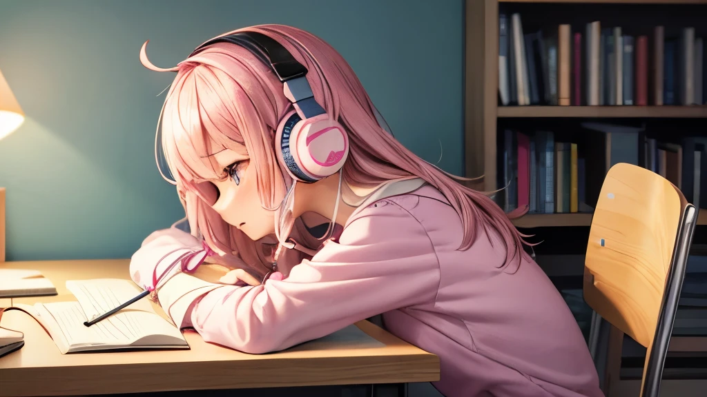 cute simple kawaii anime girl concentrated studying with pink headphones listening to lofi music at her desk writing on cute pink notebook and thinking
