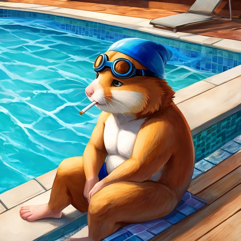 A hamster wearing a swimming cap and goggles smoking a cigarette by a pool 