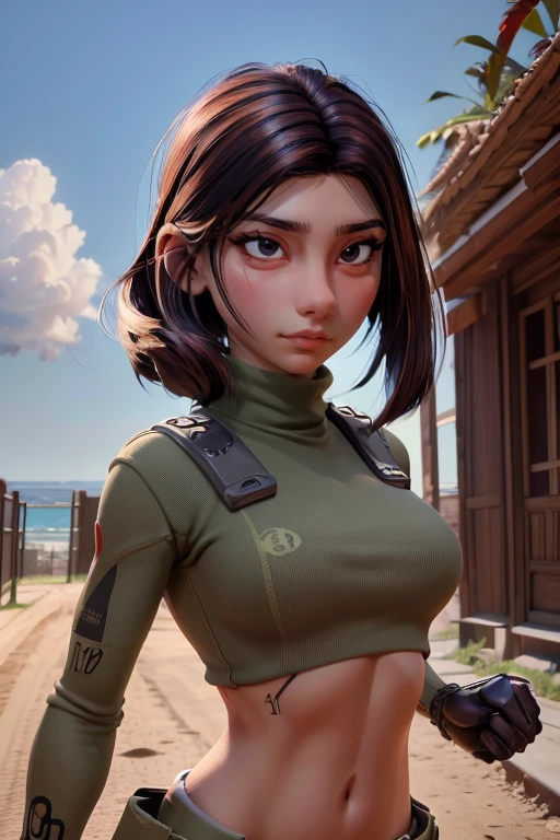 Beautiful and fearless female soldier, cuerpo en forma, top militar, hombros descubiertos, pelo rubio oscuro, brazo del tatuaje, sosteniendo un arma grande, corriendo en la jungla, cara con todo detalle,  ojos asesinos, Alto detalle, realista, Calidad de la foto, alta calidad,  (photorealista:1.4), Muy detallado, Obra maestra, Sombra de alta calidad,