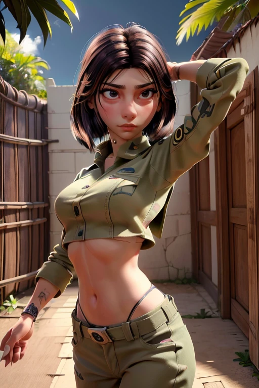 Beautiful and fearless female soldier, cuerpo en forma, top militar, hombros descubiertos, pelo rubio oscuro, brazo del tatuaje, sosteniendo un arma grande, corriendo en la jungla, cara con todo detalle,  ojos asesinos, Alto detalle, realista, Calidad de la foto, alta calidad,  (photorealista:1.4), Muy detallado, Obra maestra, Sombra de alta calidad,