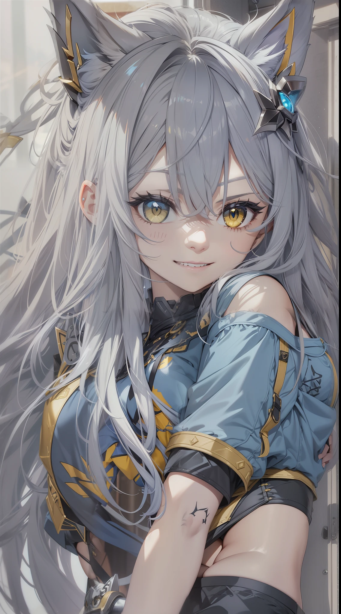 young girl, long gray hair, cat ears, Yellow eyes, Smile, tattoo, Tight blue fantasy shirt, open belly, Blue Fantasy Shorts, Masterpiece, hiquality, 4k, HD, Good detail, plate boots, golden gauntlets, t shirt, skirt