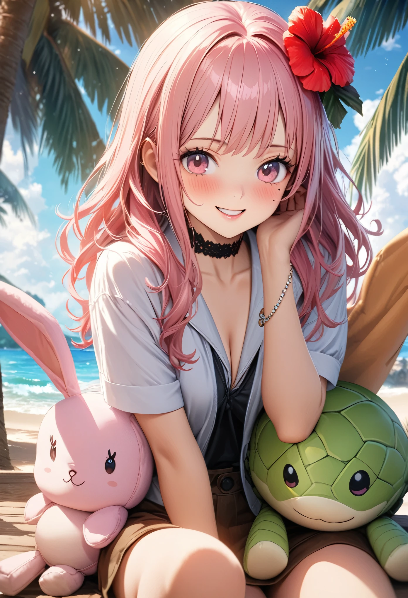 masterpiece, highest quality, Very detailed, High resolution, High resolution, High resolution, 4K, 8k, unity 8k wallpaper, Very detailed CG, masterpiece, Realistic, Beautiful details, depth, Fine texture, highest quality: 1.3, Total concentration, Perfect Skin, boyfriend, Very cute anime, Cute like an idol, 背のexpensiveピンクのセミロングヘア, One Girl, Aloha One Piece, Cute stuffed rabbit, Sea turtle stuffed toy, Palm tree, greeting, Hibiscus hair accessory, smile, afternoon, Coffee Time,Long pink hair, whole body, Mole under the eye, sight, expensive, blush, Lips parted, His Art, Pink Eyes, choker