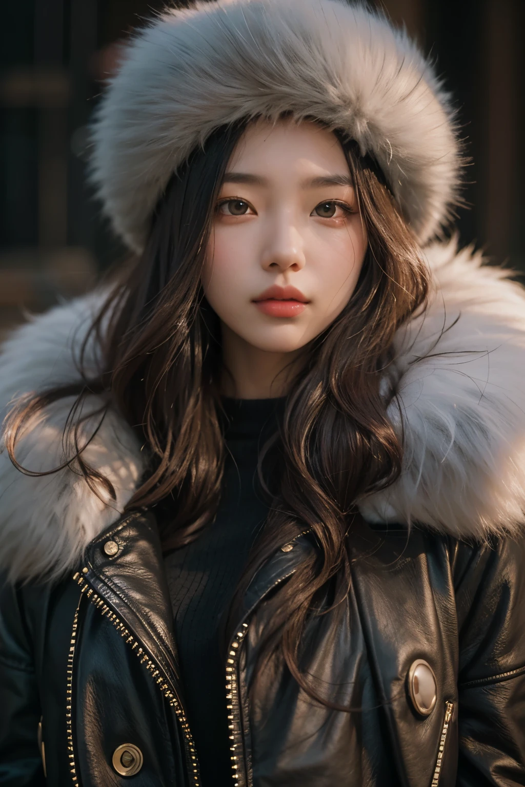 Araped woman wearing fur hat and leather jacket, soft portrait 8k, 8K Art German Bokeh, Stunning young Korean woman, beautiful korean girl, high quality portrait, Beautiful young Korean woman, Korean female fashion model, beautiful girl model, Julia Razumova style, Dil'rabah Dilmurat, Realistic portraits