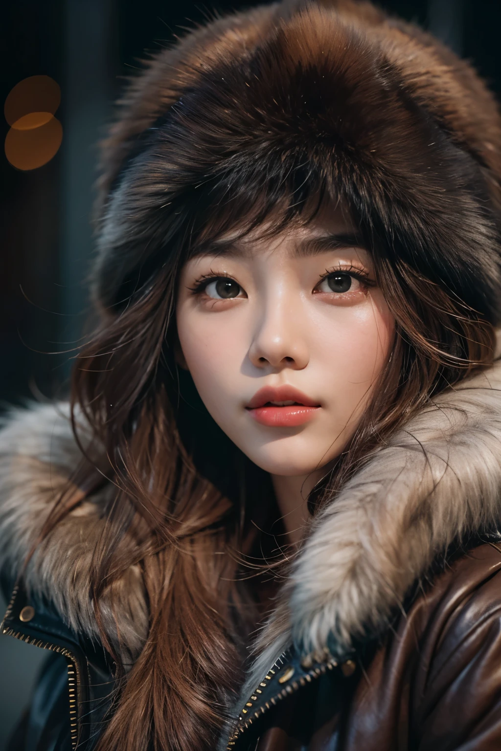 Araped woman wearing fur hat and leather jacket, soft portrait 8k, 8K Art German Bokeh, Stunning young Korean woman, beautiful korean girl, high quality portrait, Beautiful young Korean woman, Korean female fashion model, beautiful girl model, Julia Razumova style, Dil'rabah Dilmurat, Realistic portraits