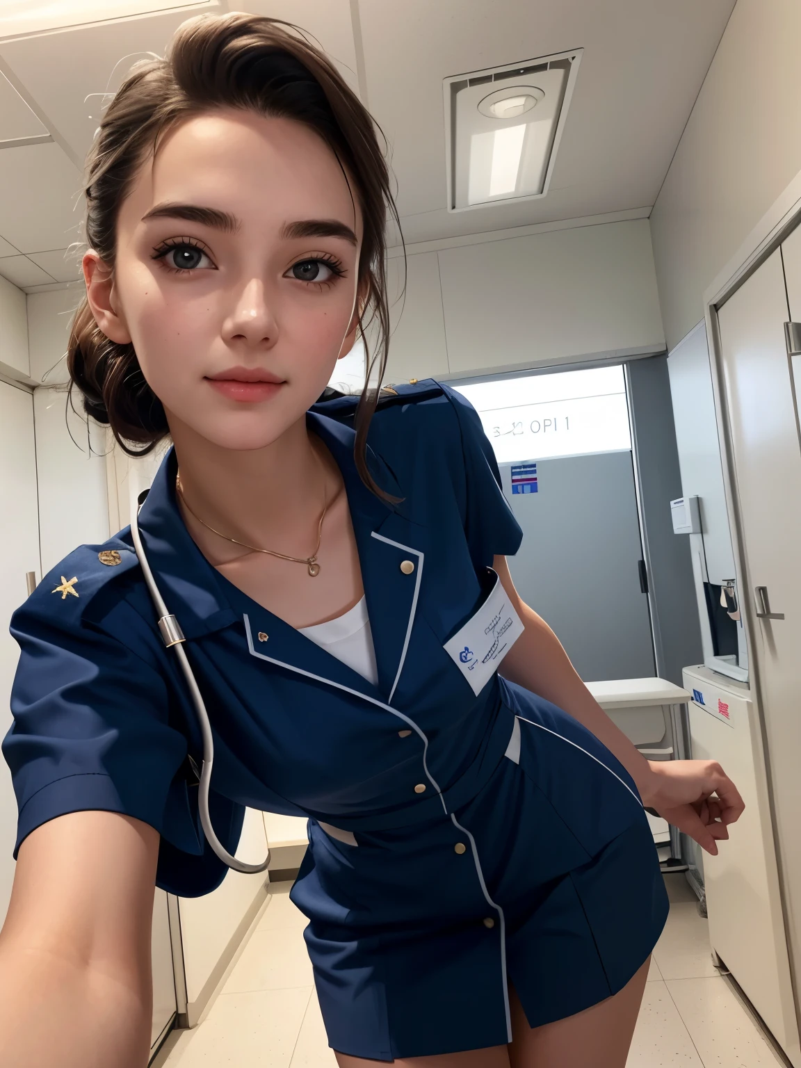 Australian nobility girl, (20 years old), in the hospital, night, nurse outfit, skinny, view from below, excited expression, (face and skin details), (masterpiece, best quality, highly detailed, hyper realistic)