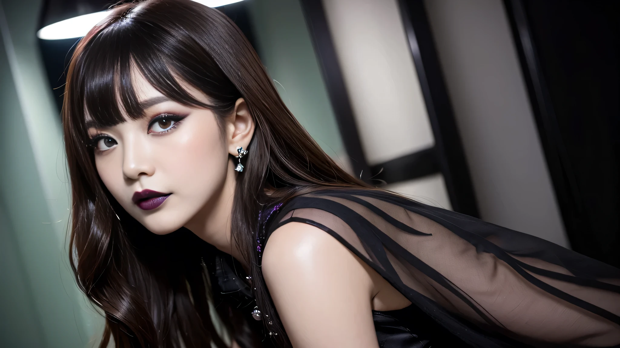 One woman、best quality、ultra-detailed、4k、Japanese、Seductive beauty、seductive adult woman、Pretty Woman、cool girl、Villainess、Brainwash、Fallen into evil、smirk、Evil look、Wicked Smile、evil、Brown hair、wavy hair、swept bangs、dark makeup、dark makeup、piercing eyes、hollow eyes,half-closed eyes、Hollow Eyes、Purple Eyeshadow、black lipstick、black lipglos、Long Black Cheongsam、Wide sleeves、night、inside darkroom、Have a makeup brush、Taking medicine capsules、Emblem of Evil、Crest of Darkness、Swear allegiance、I have pledged my allegiance、Dye black、Blackening、Stained with evil、Dyed in darkness、Spread your hands、Seduce