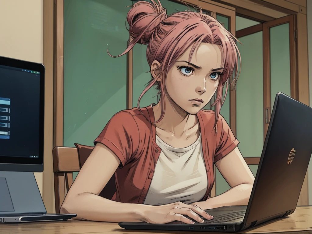 anime woman with colored hair loose bun, t-shirt, concentrates and rubs her temples, focus expression, hard concentration expression, table, laptop