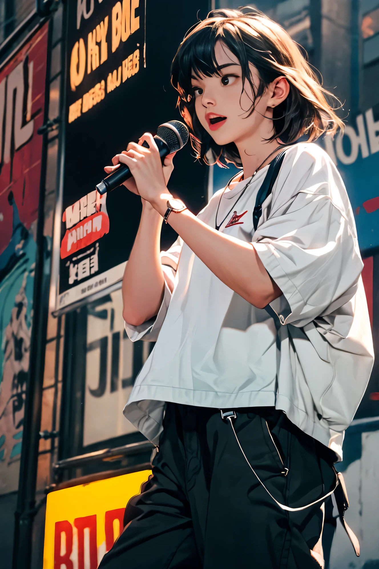 (highres:1.2),ultra-detailed,realistic,sharp focus,colorful,graffiti-covered walls,girl rapper street performer,vibrant clothing,Hip Hop singer,singing passionately,energetic performance,street art backdrop,urban atmosphere,bustling street scene,hustle and bustle,expressive facial expressions,dynamic pose,funky accessories,microphone in hand,confident stage presence,attention-grabbing fashion style,unique street style,city nightlife,neon lights illuminating,street fashion culture,youthful energy,cheering crowd,positive vibes,hip-hop culture,urban music scene,music and art fusion,stylish sneakers,urban graffiti culture,paint-splattered streets,urban talent showcase,vivid colors,eye-catching visuals,high-energy performance,electric atmosphere,musical expression,urban lifestyle