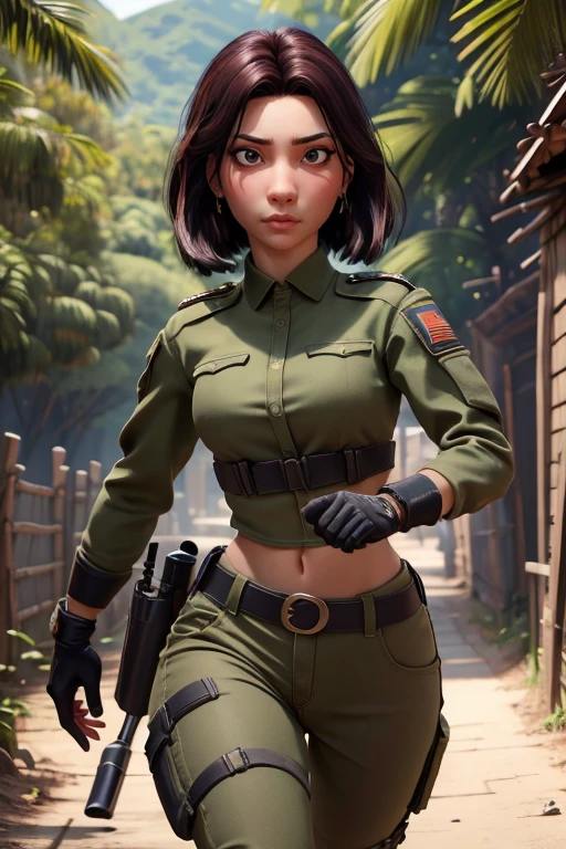 Beautiful and fearless female soldier, cuerpo en forma, top militar, hombros descubiertos, pelo rubio oscuro, brazo del tatuaje, sosteniendo un arma grande, corriendo en la jungla, cara con todo detalle,  ojos asesinos, Alto detalle, realista, Calidad de la foto, alta calidad,  (photorealista:1.4), Muy detallado, Obra maestra, Sombra de alta calidad,