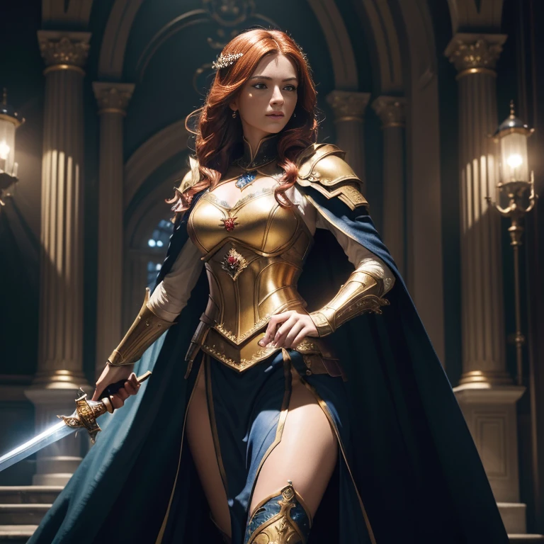 (master piece:1.5), (best quality:1.5), (exquisite lighting and shadow, highly dramatic picture, cinematic lens effect) (Photorealistic picture) (Card game image) 8k, wallpaper, dynamic pose, full body female red gold hair girl wearing an intricate elaborate blue and white armor with gold ornaments, white long cape, holding a sword, holding a shield, castle background, big tower at the distance, ethereal lighting, sharp focus, highly detailed, realistic, cinematic lighting, studio quality