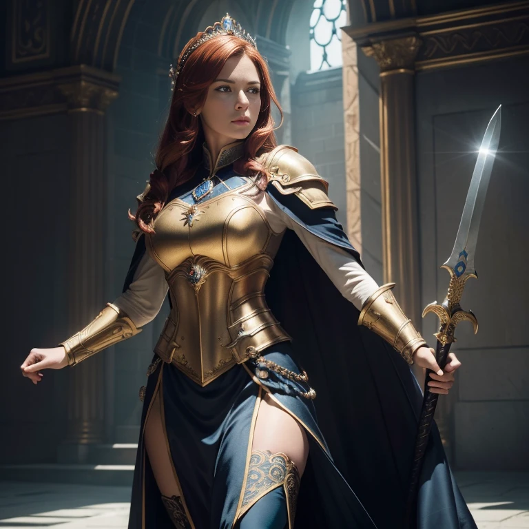 (master piece:1.5), (best quality:1.5), (exquisite lighting and shadow, highly dramatic picture, cinematic lens effect) (Photorealistic picture) (Card game image) 8k, wallpaper, dynamic pose, full body female red gold hair girl wearing an intricate elaborate blue and white armor with gold ornaments, white long cape, holding a sword, holding a shield, castle background, big tower at the distance, ethereal lighting, sharp focus, highly detailed, realistic, cinematic lighting, studio quality
