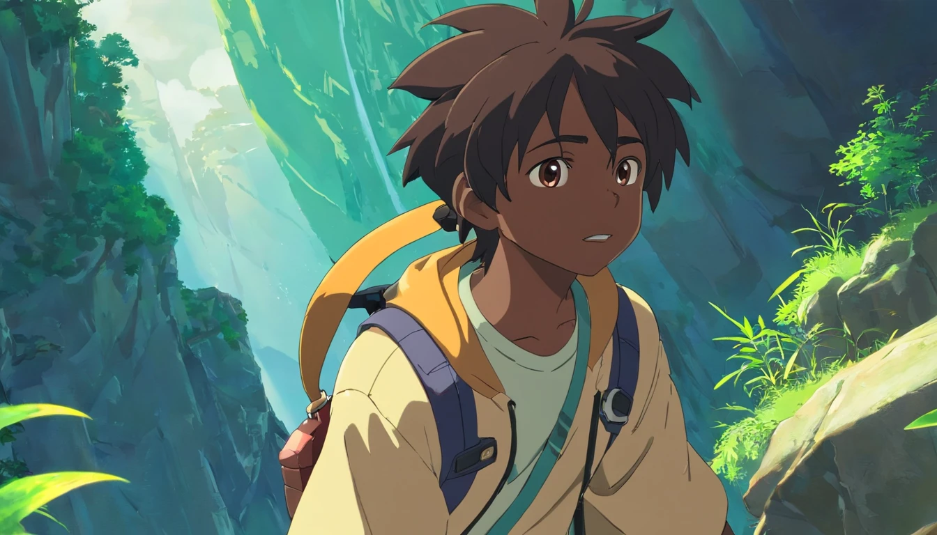 ((A black boy with dreadlocks hairstyle who is just growing up)), ((Dreadlocks are being born)) (garoto urbano), ((Going on an adventure alone looking for a super dragon's cave)), (Big dragon), boy is turned away, animation, estilo naruto, visto de cima, ((melhor qualidade)), ((obra de arte)), (detalhado),