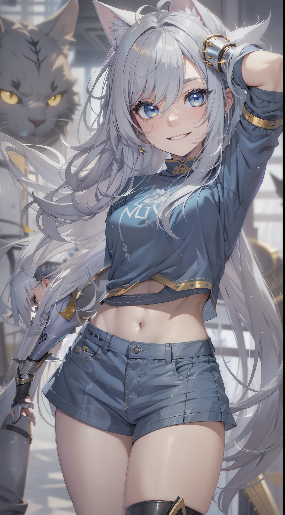 young girl, long gray hair, cat ears, Yellow eyes, Smile, tattoo, Tight blue fantasy shirt, open belly, Blue Fantasy Shorts, Masterpiece, hiquality, 4k, HD, Good detail, plate boots, golden gauntlets, t shirt, skirt