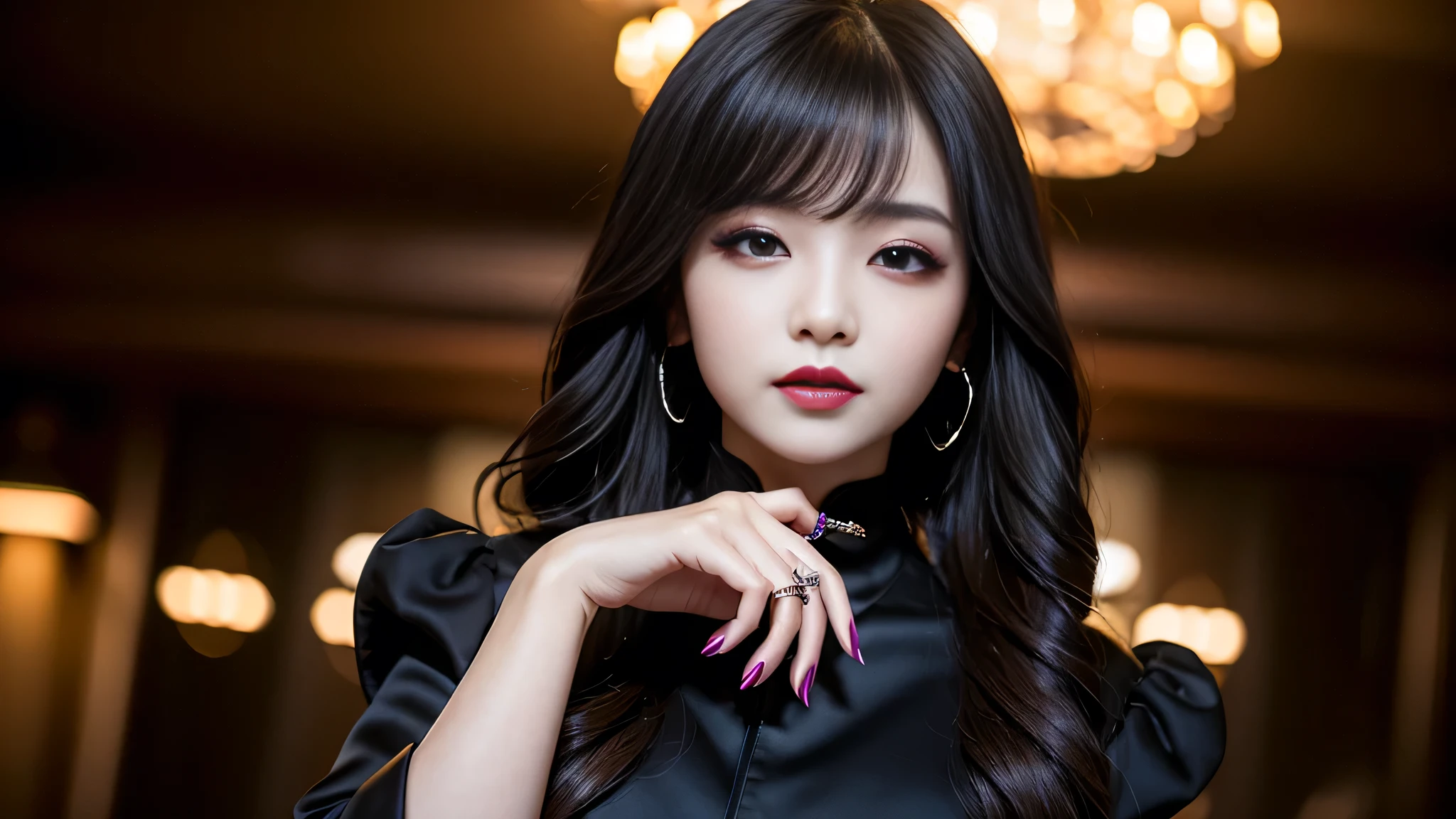 One woman、best quality、ultra-detailed、4k、Japanese、Seductive beauty、seductive adult woman、Pretty Woman、cool girl、Villainess、Brainwash、Fallen into evil、smirk、Evil look、Wicked Smile、evil、Brown hair、wavy hair、swept bangs、dark makeup、dark makeup、piercing eyes、hollow eyes,half-closed eyes、Hollow Eyes、Purple Eyeshadow、black lipstick、black lipglos、Long Black Cheongsam、Wide sleeves、night、inside darkroom、Have a makeup brush、Taking medicine capsules、Emblem of Evil、Crest of Darkness、Swear allegiance、I have pledged my allegiance、Dye black、Blackening、Stained with evil、Dyed in darkness、Spread your hands、Seduce