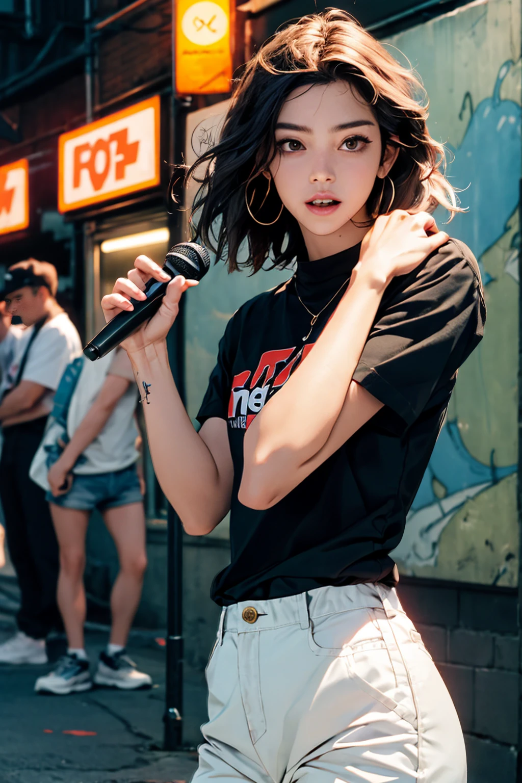 (highres:1.2),ultra-detailed,realistic,sharp focus,colorful,graffiti-covered walls,girl rapper street performer,vibrant clothing,Hip Hop singer,singing passionately,energetic performance,street art backdrop,urban atmosphere,bustling street scene,hustle and bustle,expressive facial expressions,dynamic pose,funky accessories,microphone in hand,confident stage presence,attention-grabbing fashion style,unique street style,city nightlife,neon lights illuminating,street fashion culture,youthful energy,cheering crowd,positive vibes,hip-hop culture,urban music scene,music and art fusion,stylish sneakers,urban graffiti culture,paint-splattered streets,urban talent showcase,vivid colors,eye-catching visuals,high-energy performance,electric atmosphere,musical expression,urban lifestyle,colores vividos, magenta , amarillo, cian, verde, violeta, anaranjado