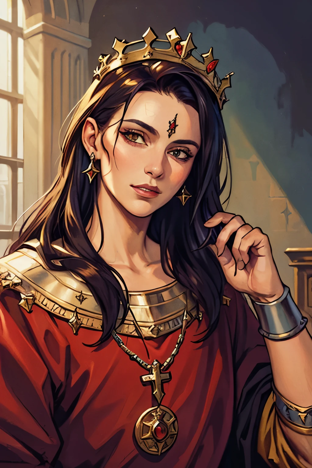 (masterpiece:1.1),(best quality:1.1),extremely detailed,(original design:1.1),(unique accessories:1.1),(medieval fantasy:1.1),professionally retouched,(close-up:1.1),portrait,midday,(male:1.1) royal blood,(holy:1.2),(divine:1.2),(old:1.3), black and red king