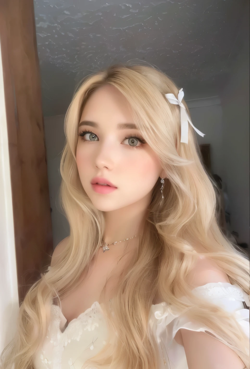 un primer plano de una mujer con cabello largo y rubio con un vestido blanco, long cabello rubio y ojos grandes, pelo largo y rubio y ojos grandes, retrato de kim petras, bella delfina, cabello rubio y ojos grandes, una chica con cabello rubio, diosa rubia, ava max, pale skin curly blonde hair, con pelo largo y rubio, hermosa chica rubia, una hermosa rubia