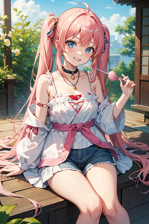 masterpiece, highest quality, High resolution,Anime Style、Characters from Tensura、Milim、whole body Platinum pink hair(Twin tails:20:1)(Ahoge:1:10)、blue eyes、About 、上半身はwhiteとピンクのボーダーラインがあるタンクトップ、The lower half is shorts、smile、The double tooth shines、Red on the neck、white、A necklace with a blue magatama、(ピンクとwhiteのボーダーの靴下:7:1)