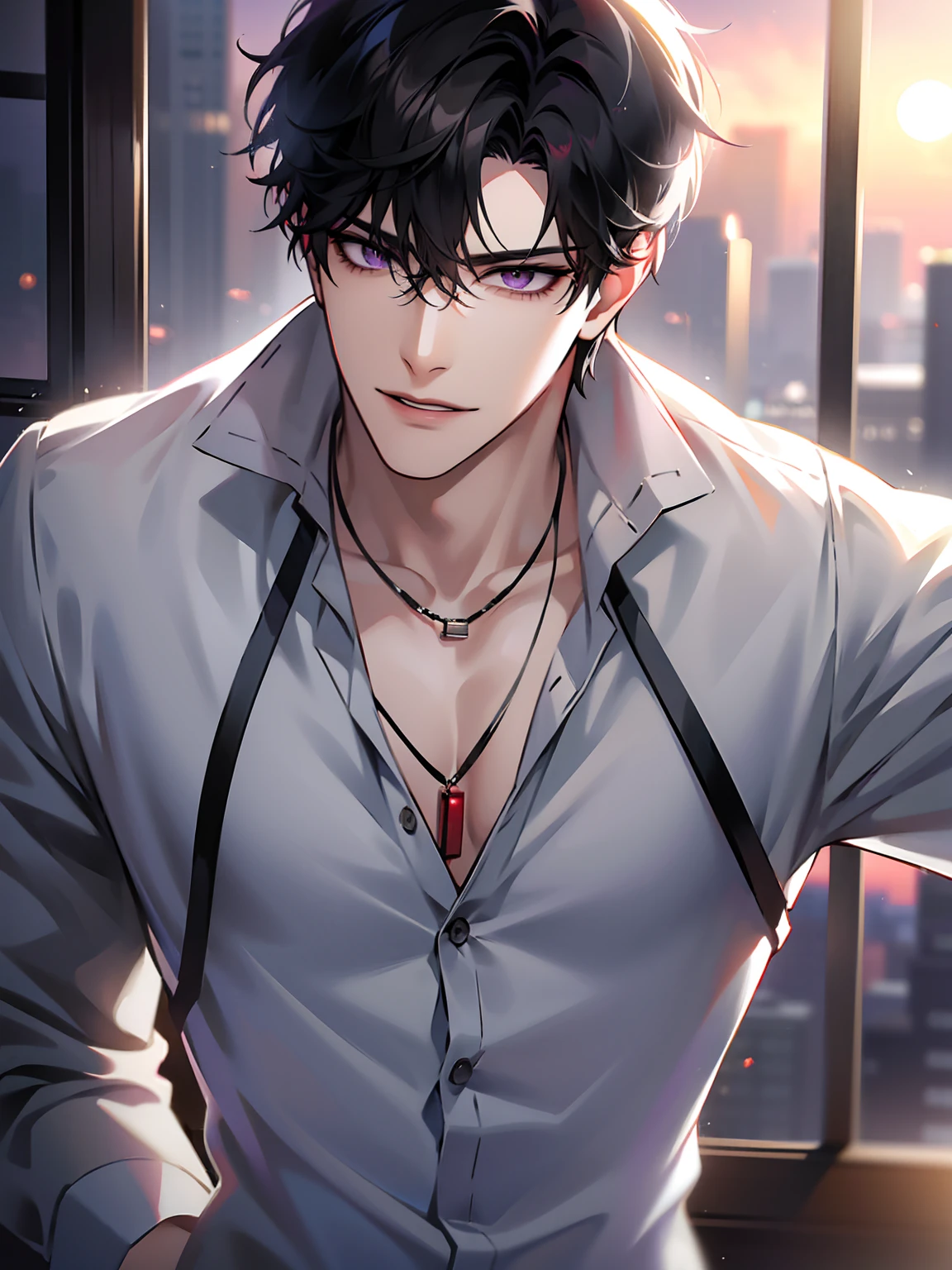 (masterpiece, 4k, high quality:1.3), 1boy, solo, short hair, black hair, asymmetrical fringe, purple eyes, handsome, sharp eyes, (mature male, mature:1.2), male focus, fashionable, open pattern collared shirt, light brown chino pants, red and gray cardigan, thin rim big circle glasses, necklace, sunset, evening, close up, smile, smart