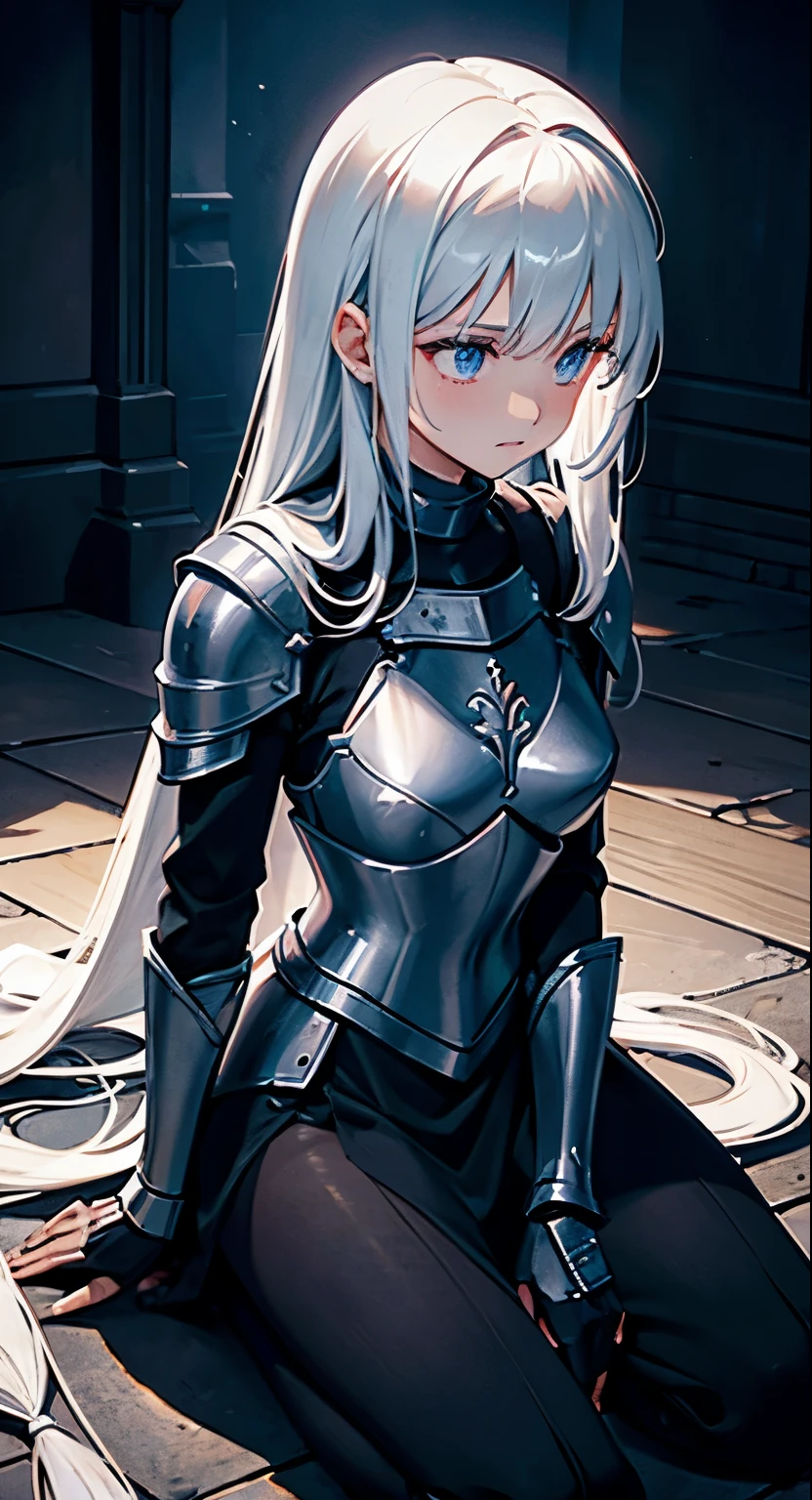 A girl, wearing a simple armor, shattered armor, armor is broken and missing parts, simple broken sword laying in the floor, despair, , she is kneeling on the floor, she is ultra sad,  many tears, ultra long hair, Long eyelashes, ultra detailed face, glowing lips, glowing eyes, next to a bonfire, Dark souls style, missing breastplate, missing left gauntlets, night sky, dark place, angel wings