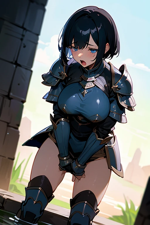 Only One Woman、Black Hair、Dark blue eyes、short hair、Large Breasts、female knight、Wearing armor、Holding back urination、Leaning forward、Align inner thighs、Place your hands on your crotch、Close ~ eyes、Embarrassing、shortness of breath、Open your mouth、Watery eye