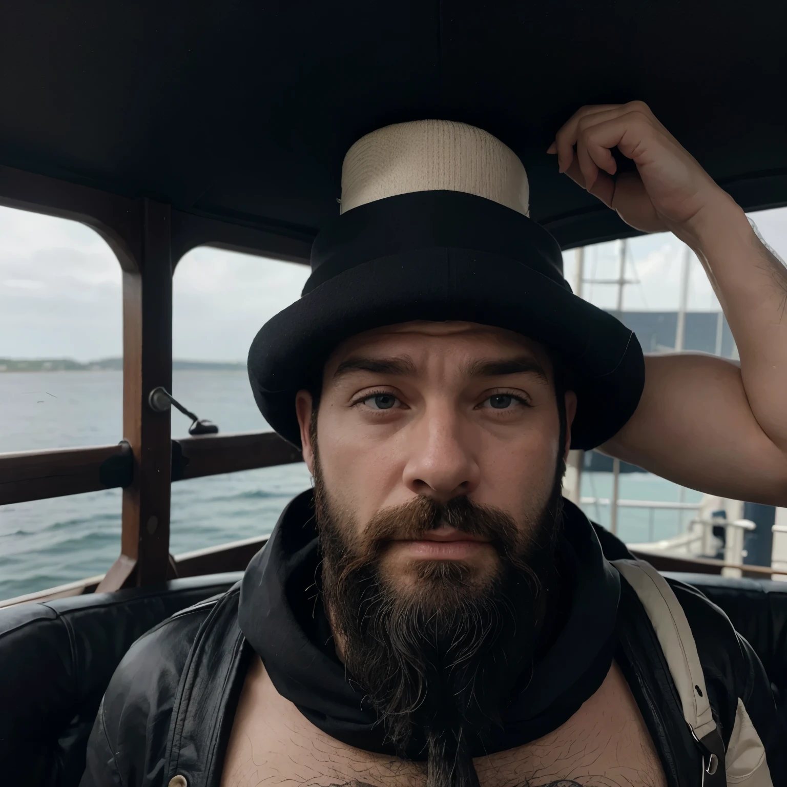 Capitaine haddock qui fait de la musculation, il a une barbe courte et noir porte un chapeau de marin et est à moitié alcoolique. Il est sur son bateau. Cette image doit être dans le style d’une bande dessinée.