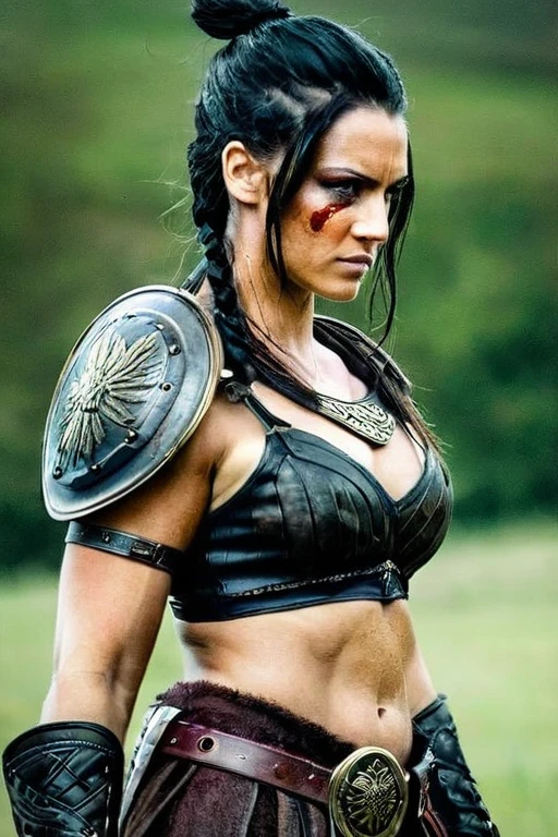 (best quality,hd,realistic),cinematic shot,epic,woman,30 years old,black eyes,black hair,athletic body,warrior,Valkyra,Viking,sword in her right hand,walking on a battlefield,bloody war,gore,war-torn,Battlefield:1.2,burning battlefield:1.1,dusty,smoke:1.1,dark:0.9,ominous,overcast sky:1.1,muddy ground:1.1,drenched,muddy footsteps,bloodstained armor:faint glints,gory wounds,fallen soldiers:1.1,lifeless,battle cries,roaring flames,ancient ruins,scattered weapons,shattered shields,battle flags,ferocious:1.1,muscular,scarred,resolve in her eyes,determined:1.1,heroic:1.1,adrenaline rush,bravery:1.1,valor,victory:1.2,sacrifice:1.1,bold:1.1,fierce demeanor,war paint:1.1,battle scars,rpund,majestic,imposing presence,heraldic insignia:1.1,proud:1.1,stern expression,wind-swept hair,gritty details,vivid colors,contrast lighting,high contrast:1.1,dramatic:1.1,highly detailed:1.2