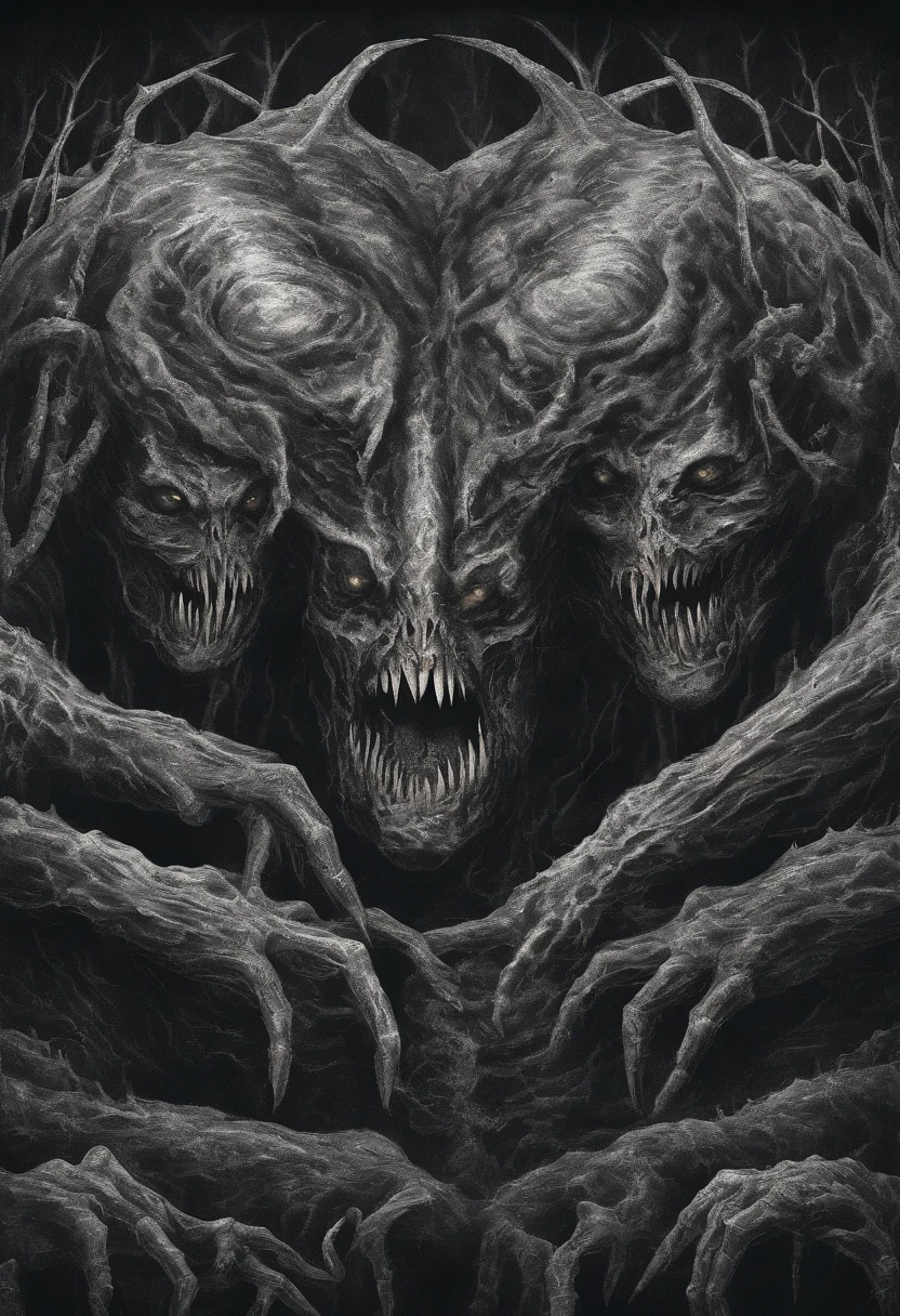 Monstro, corpo em carne viva, with two heads and two necks, olhos vazios, both faces are smiling, dentes pontudos nas duas bocas, four hands with sharp claws, two long tongues