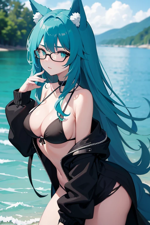 hot girl, beautiful long cyan hair, wearing glasses, cyan eyes, sexy black bikini, big but medium breasts, a black jacket no panties, wolf ears, at a lake