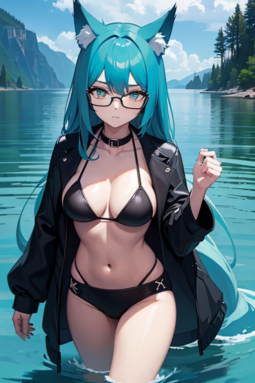 hot girl, beautiful long cyan hair, wearing glasses, cyan eyes, sexy black bikini, big but medium breasts, a black jacket no panties, wolf ears, at a lake
