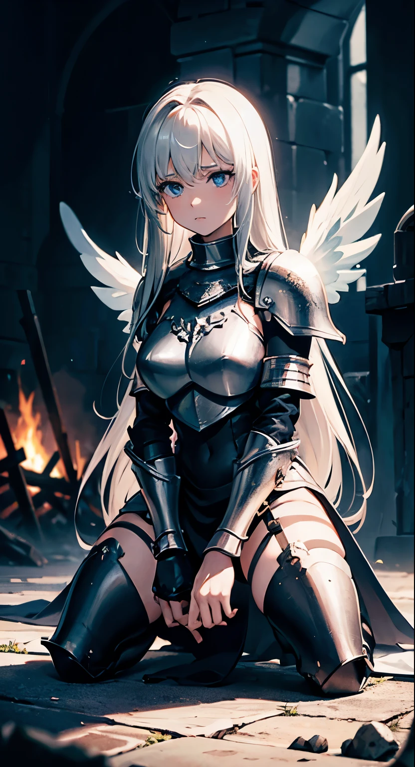 A girl, wearing a simple armor, shattered armor, armor is broken and missing parts, simple broken sword laying in the floor, despair, , she is kneeling on the floor,  she is ultra sad,  many tears, ultra long hair, Long eyelashes, ultra detailed face, glowing lips, glowing eyes, next to a bonfire, Dark souls style, missing breastplate, missing left gauntlets, night sky, dark place, giant angel wings, 