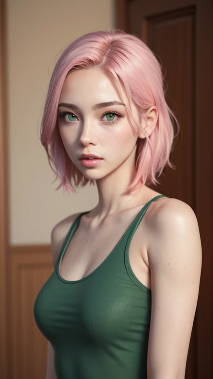 young woman, short shoulder-length pink hair, wide forehead, porcelain skin, pink eyebrows, big emerald green eyes, buttoned nose, full lips, heart-shaped face, slender body, small breasts, red tank top, Sakura Haruno , realistic, realism, details, 3d, well detailed
