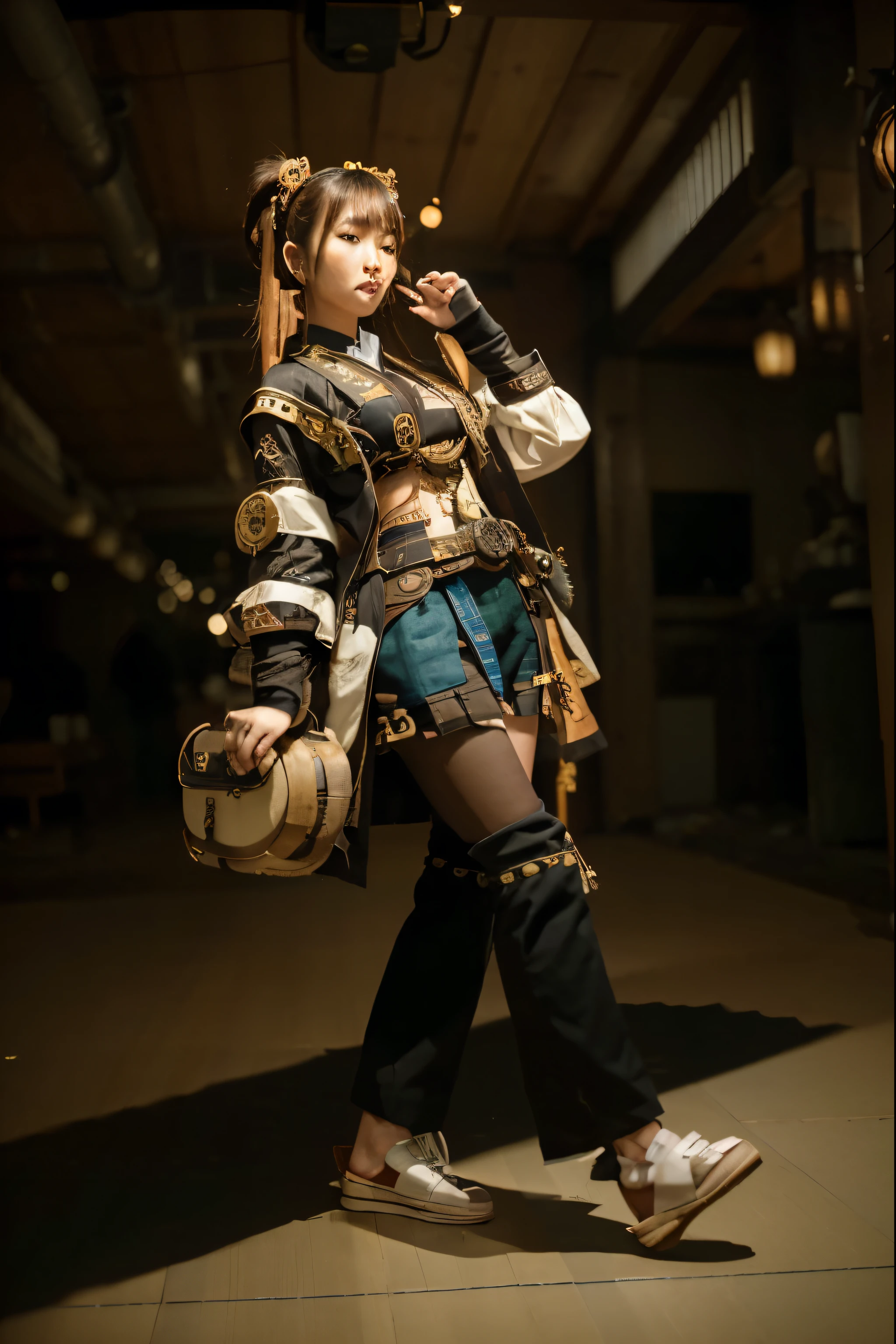 (Best quality, 8k, 32k, Masterpiece, UHD:1.2) "Transform the image's setting to the Komaniya Express Delivery Company in Inazuma from Genshin Impact. Remove any crowds or people from the background. Integrate steampunk mechanisms into the scene, such as gears, pipes, and industrial elements. Combine this with elements of Japanese or Korean interior and architecture, such as sliding doors, tatami mats, paper lanterns, and wooden furnishings. Create a fusion of traditional East Asian design with futuristic steampunk aesthetics."