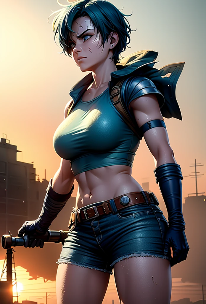 (best quality,4k,8k,highres,masterpiece:1.2),ultra-detailed,(realistic,photorealistic,photo-realistic:1.37),Ami Mizuno as a Mad Max survivor in the Westland,deserted post-apocalyptic world,dusty landscape,harsh sunlight,burning orange sky,gritty and distressed,ripped and tattered clothing,utility belt with survival tools,protective goggles covered with dust,Ami's bright blue hair flowing in the wind,determined and fierce expression,holding a modified high-tech weapon,scanning the horizon for danger,thick layers of dirt and grime on her face and hands,imposing scar across her cheek,distant ruins of a futuristic city in the background,Ami's transformation into a hardened warrior,blending her intelligence and strength,creating an iconic and empowering image,combining anime style with the gritty aesthetics of Mad Max.