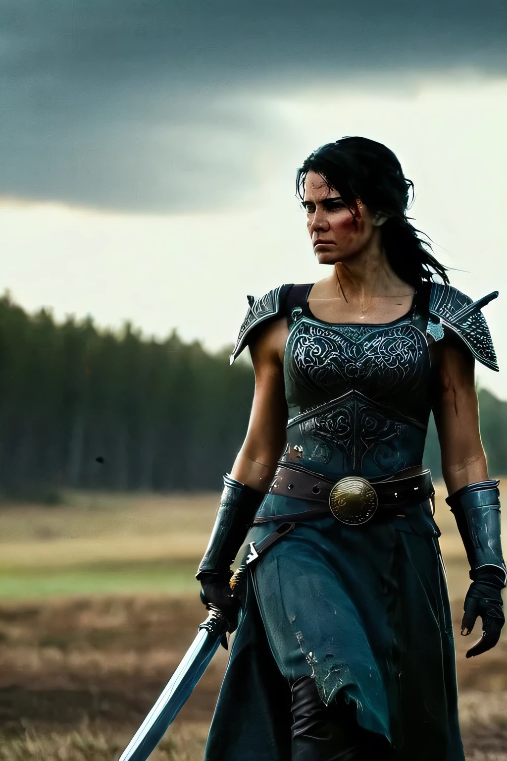 (best quality,hd,realistic),cinematic shot,epic,woman,30 years old,black eyes,black hair,athletic body,warrior,Valkyra,Viking,sword in her right hand,walking on a battlefield,bloody war,gore,war-torn,Battlefield:1.2,burning battlefield:1.1,dusty,smoke:1.1,dark:0.9,ominous,overcast sky:1.1,muddy ground:1.1,drenched,muddy footsteps,bloodstained armor:faint glints,gory wounds,fallen soldiers:1.1,lifeless,battle cries,roaring flames,ancient ruins,scattered weapons,shattered shields,battle flags,ferocious:1.1,muscular,scarred,resolve in her eyes,determined:1.1,heroic:1.1,adrenaline rush,bravery:1.1,valor,victory:1.2,sacrifice:1.1,bold:1.1,fierce demeanor,war paint:1.1,battle scars,rpund,majestic,imposing presence,heraldic insignia:1.1,proud:1.1,stern expression,wind-swept hair,gritty details,vivid colors,contrast lighting,high contrast:1.1,dramatic:1.1,highly detailed:1.2