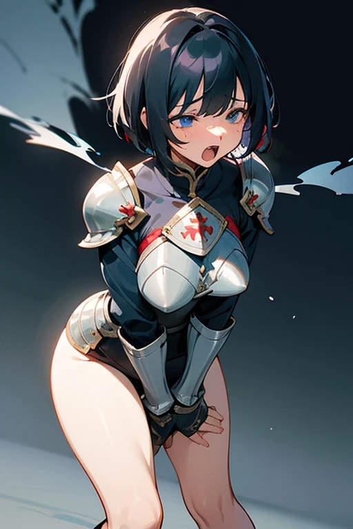 Only One Woman、Black Hair、Dark blue eyes、short hair、Large Breasts、female knight、Wearing armor、Is urinating、Leaning forward、Align inner thighs、Place your hands on your crotch、Close ~ eyes、Embarrassing、shortness of breath、Open your mouth、Watery eye、Red Nose、Red ear