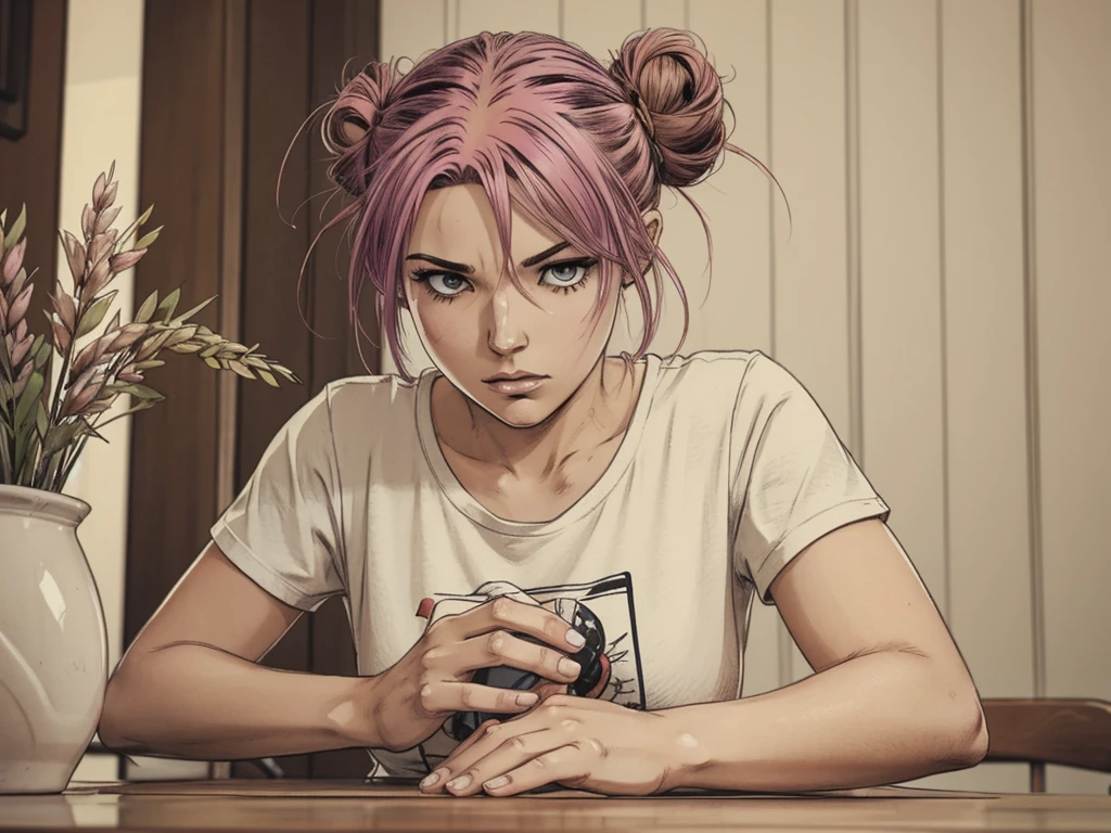 anime woman with colored hair loose bun, t-shirt, concentrates and massages her temples:1.5, focus expression, hard concentration expression, table,