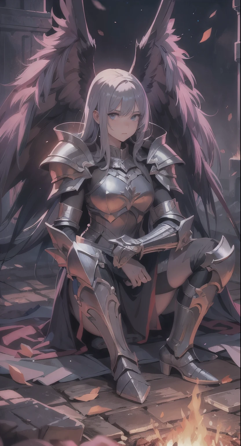A girl, wearing a simple armor, shattered armor, armor is broken and missing parts, simple broken sword laying in the floor, despair, , she is kneeling on the floor, she is ultra sad, many tears, ultra long hair, Long eyelashes, ultra detailed face, glowing lips, glowing eyes, next to a bonfire, Dark souls style, missing breastplate, missing left gauntlets, night sky, dark place, giant angel wings, ultra detailed wings