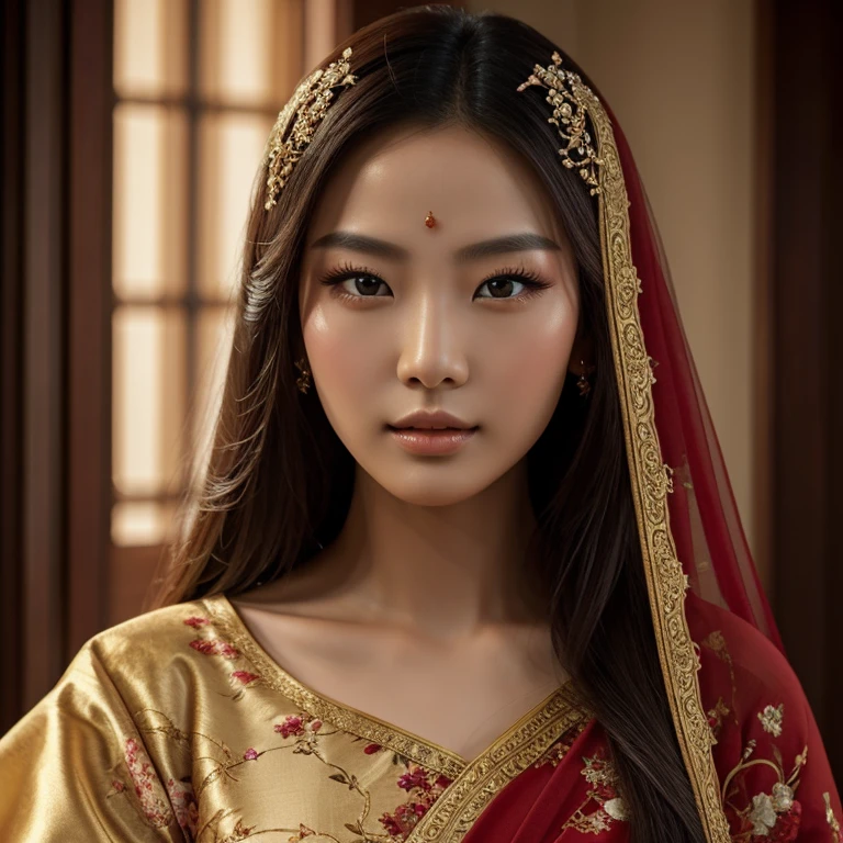 A beautiful Chinese model, oil painting, stunning details, high-resolution portrait, elegant pose, captivating gaze, delicate lips, flowing silky hair, traditional Chinese garment, touch of red, soft lighting, photorealistic rendering, fine brushwork, intricate patterns, professional makeup, timeless beauty, mesmerizing eyes, flawless complexion, the embodiment of grace and sophistication, a masterpiece to be treasured.