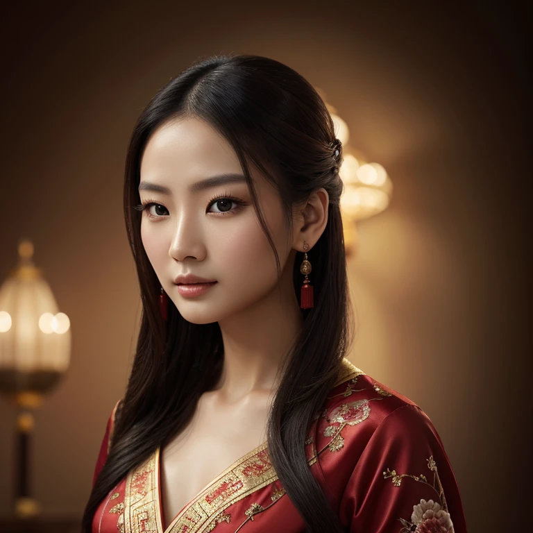 A beautiful Chinese model, oil painting, stunning details, high-resolution portrait, elegant pose, captivating gaze, delicate lips, flowing silky hair, traditional Chinese garment, touch of red, soft lighting, photorealistic rendering, fine brushwork, intricate patterns, professional makeup, timeless beauty, mesmerizing eyes, flawless complexion, the embodiment of grace and sophistication, a masterpiece to be treasured.