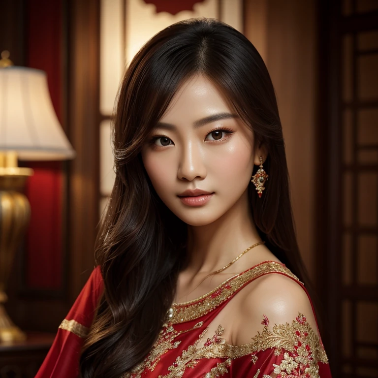 A beautiful Chinese model, oil painting, stunning details, high-resolution portrait, elegant pose, captivating gaze, delicate lips, flowing silky hair, traditional Chinese garment, touch of red, soft lighting, photorealistic rendering, fine brushwork, intricate patterns, professional makeup, timeless beauty, mesmerizing eyes, flawless complexion, the embodiment of grace and sophistication, a masterpiece to be treasured.