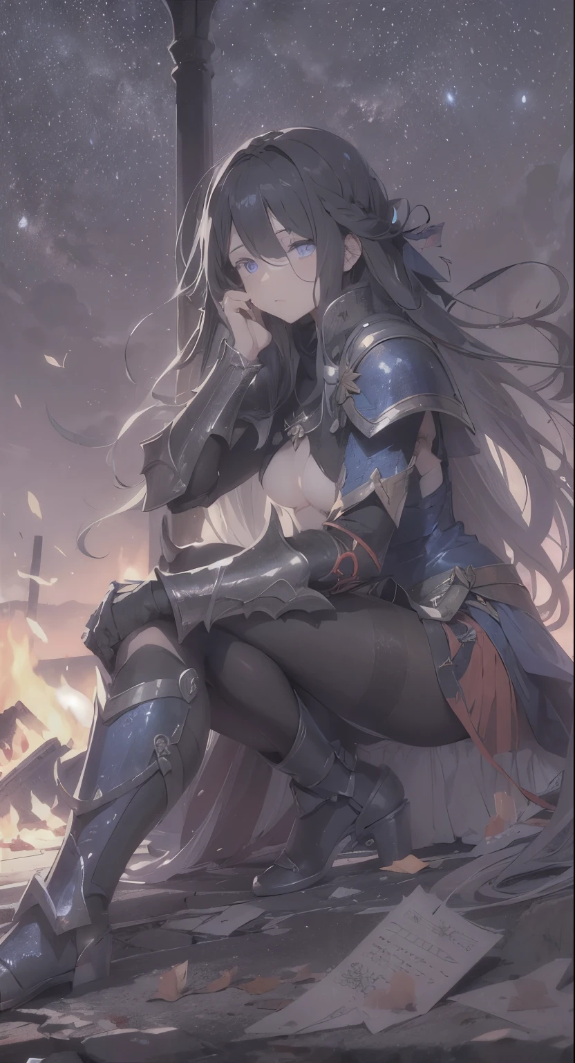 A girl, wearing a simple armor, shattered armor, armor is broken and missing parts, simple broken sword laying in the floor, despair, , she is kneeling on the floor,  she is ultra sad,  many tears, ultra long hair, Long eyelashes, ultra detailed face, glowing lips, glowing eyes, next to a bonfire, Dark souls style, missing breastplate, missing left gauntlets, night sky, dark place, giant angel wings, ultra detailed wings