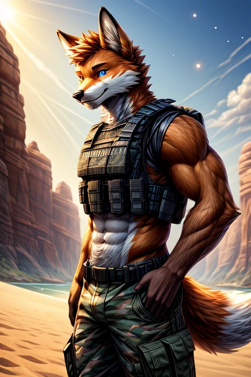 Masterpieces, furry, male, Anthropomorphic, red fox, blue eyes, black mark on muzzle, veiny, thin body, age 20, Delicate eyes, goatee, furred body, on a beach, perfect lighting, light particles,(best quality),(masterpiece),(ultra detailed), sharp focus, light particles, detailed barren background, desert camo military pants, shirtless, wearing heavy bulletproof vest , no shirt , fierce look, soldier look, full body, six pack abs